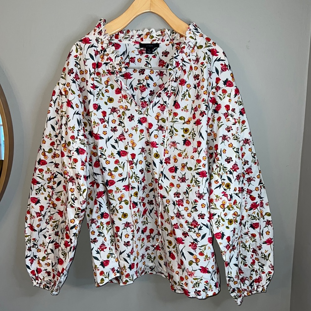 J. Crew White Floral Blouse with Red and Yellow Flowers